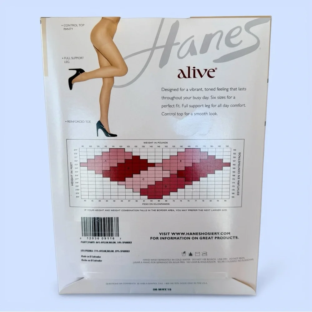 Hanes Alive Full Support Pantyhose Control Top, Reinforced Toe Barely There Sz C